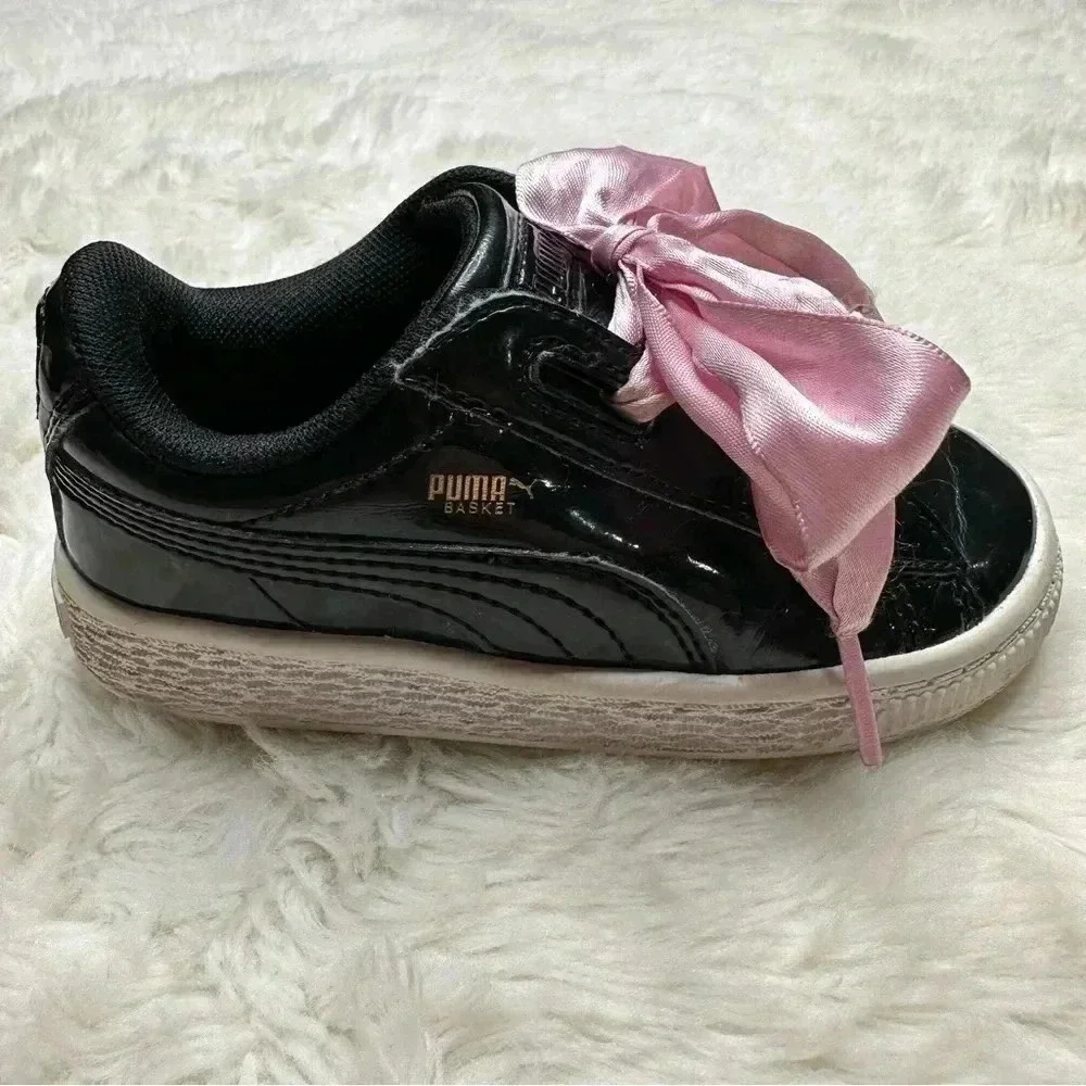 Puma Basket Heart Patent Black Sneakers  Pink Laces Size 8 - Picture 12 of 16